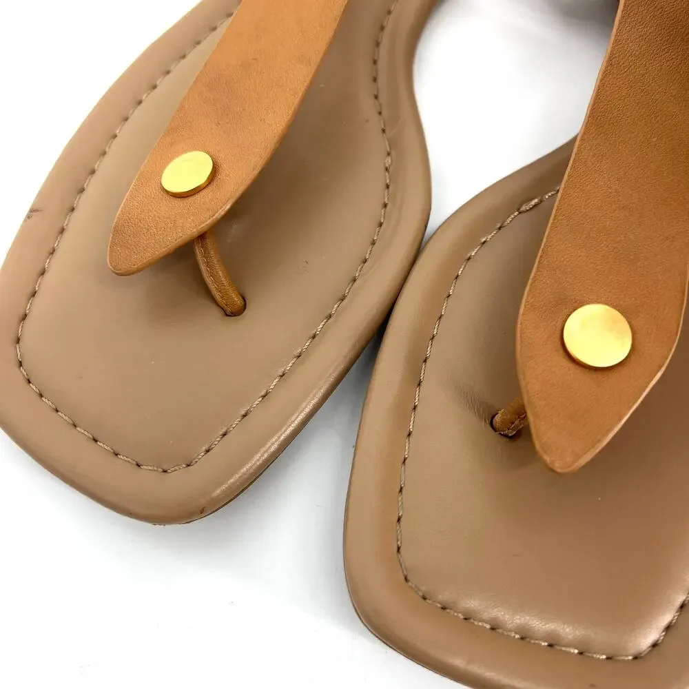 Aerosoles Carmina T Strap Flat Sandals Camel with Gold Accents Size 11